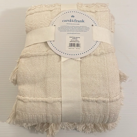 carol & frank Barton White Throw Blanket Striped Color Blocked White w Tassels - Picture 4 of 5